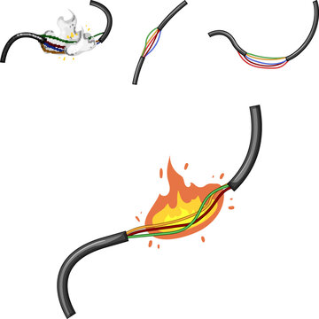 Electrical cable damage progression illustrating an exposed wire leading to a short circuit, sparks, and ultimately igniting a fire, depicting potential hazards and power failures