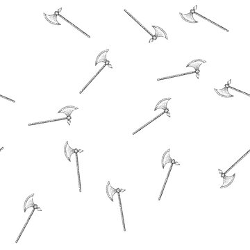 seamless pattern bearded axe medieval hand drawn. doublebladed throwing, halberd tomahawk, viking executioner bearded axe medieval black sketch illustration