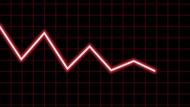 Red glowing line chart declining on grid background showing financial crisis loss drop recession market crash or stock down
