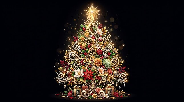 Vibrant and ornate christmas tree illustration with colorful flowers, sparkling lights, and decorative scrolls.