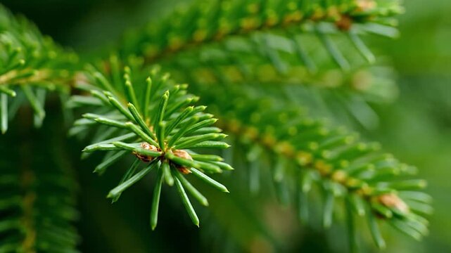 Close-up of vibrant green spruce needles on a tree branch