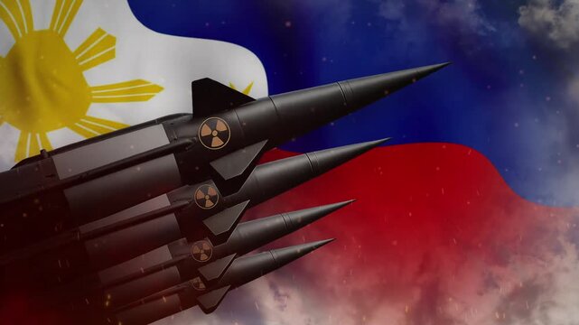 Nuclear ballistic missiles moving in front of a waving Philippine flag animation