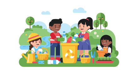 Fototapeta premium A group of diverse children happily work together to recycle plastic bottles and tend to plants in a beautiful green outdoor park.