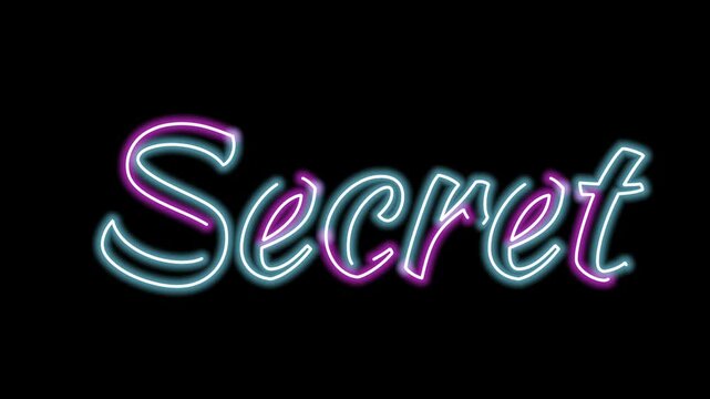 Secret neon text animation with purple and blue lights glowing on dark black background for design