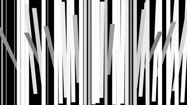 Geometric vertical bar and rotating slat wipe transition from white to black background