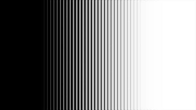 Geometric vertical blinds wipe transition animation loop featuring smooth cascading black and white rectangular bars moving from left to right to transition from white to a black background