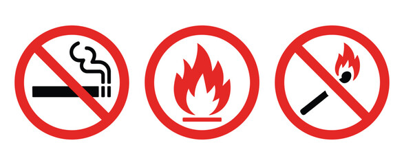 No Smoking Sign Icon Set, red prohibition symbols, no smoking, no open flame, fire prevention warning, safety instruction icons, hazard restriction vector design © Bulbuli
