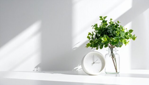 A minimalist tabletop with white clock and green plant under soft sunlight, symbolizing calm, balance, simplicity, and natural harmony.