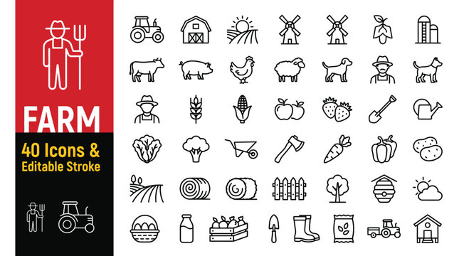 Farm icon set showing tractors, barns, animals, crops, and tools for agriculture and rural life concepts
