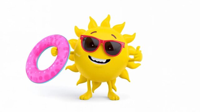 Funny cartoon sun with an inflatable swimming ring isolated on white background, animation