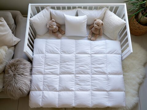 White quilted mattress sits inside a wooden crib surrounded by plush pillows and stuffed animals