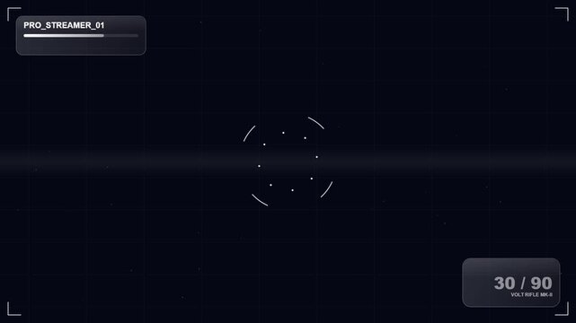 Digital HUD gaming crosshair overlay with ammo count and data grid