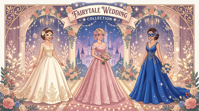Three elegant women wearing masquerade masks and ball gown wedding dresses standing before a magical castle backdrop in a whimsical illustration style