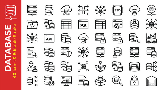 Database icon set showing servers, cloud storage, SQL, and data analytics symbols for digital information management
