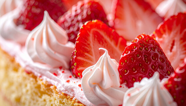 Strawberry chiffon cake with airy sponge and whipped cream peaks macro