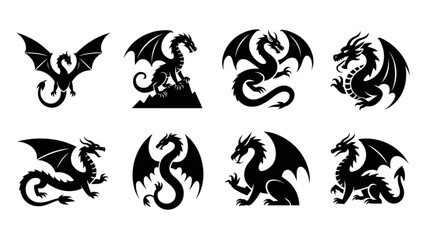 Fototapeta premium Set of nine stylized dragon heads with wings in black and white line art Vector