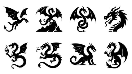 Obraz premium Set of stylized dragon icons in black and white with intricate details Vector