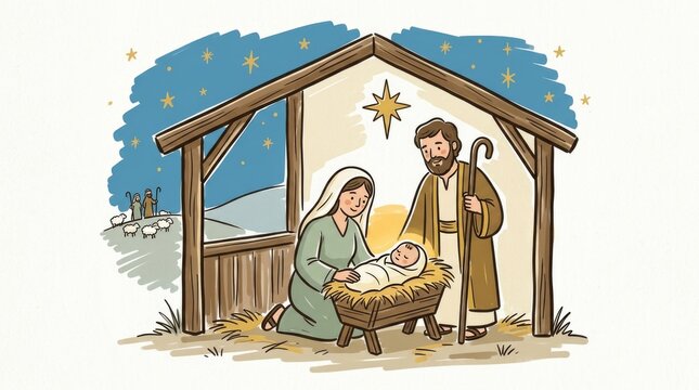 Nativity Cradle Stable Mary Joseph Baby Jesus Simple Manger. Mary and Joseph with baby Jesus in a simple manger, shepherds in distance, starry sky abo