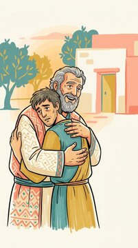 Prodigal Son Homecoming Glow. The prodigal son returns, father welcomes with open arms, soft glow and flat shapes