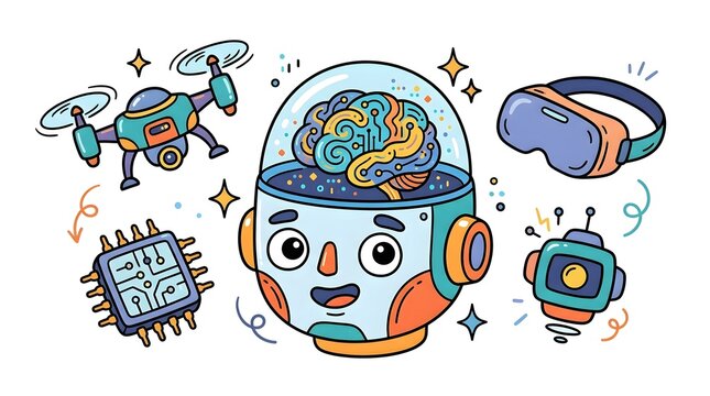 Artificial intelligence concepts hand drawn doodle illustration with robot