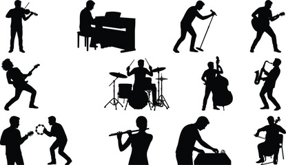Set of Professional Musician Silhouettes Performing with Various Musical Instruments and Singing on Stage © Boby
