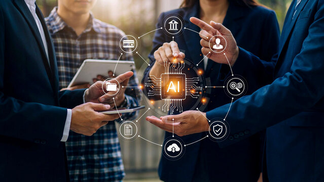 AI Innovation Collaboration: A team of professionals gathers around a glowing AI core, surrounded by interconnected digital icons representing various sectors.