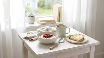 Fototapeta premium Healthy breakfast with oatmeal and berries. Morning meal with coffee on a white table.