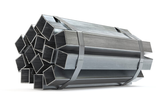Bundle of Galvanized Rectangular Steel Hollow Sections Isolated on White, 3D Illustration