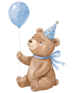 Cute Illustration of Little Bear with Blue Birthday Hat Holding Blue Balloon