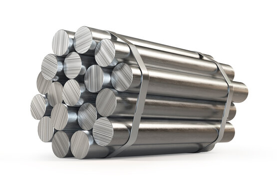Bundle of Round Steel Bars Isolated on White Background, 3D Render