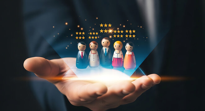 Businessman holding a digital career icon. Professional growth concept with glowing hologram.
