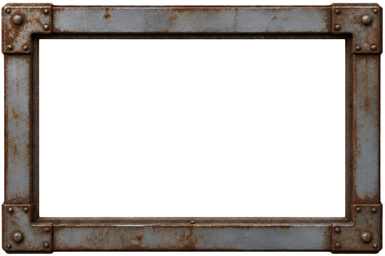 Weathered rusted metal frame isolated on transparent background, rustic rusty metal border PNG with rivets and blank space for steampunk design
