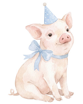 Cute Illustration of Piglet with Blue Birthday Hat & Ribbon