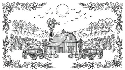 Vintage farm landscape engraving, rustic barn and windmill with harvest wagons, hand drawn countryside sketch with oak leaf border, agricultural vector © Ch