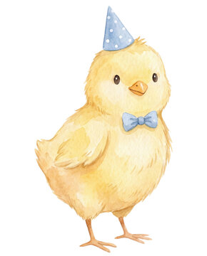 Cute Illustration of Little Duck with Blue Birthday Hat