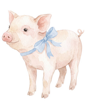 Cute Illustration of Piglet with Blue Birthday Ribbon