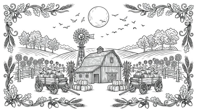 Vintage farm landscape engraving, rustic barn and windmill with harvest wagons, hand drawn countryside sketch with oak leaf border, agricultural vector