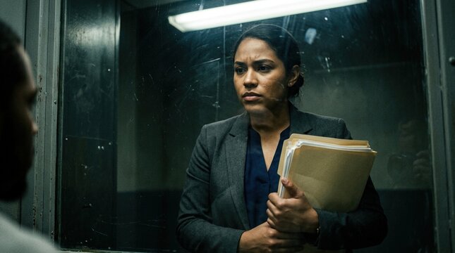 Young female public defense attorney or detective looking through jail prison, visiting room glass, holding legal folders against her chest.