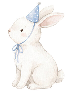 Cute Illustration of Little Bunny with Blue Birthday Hat