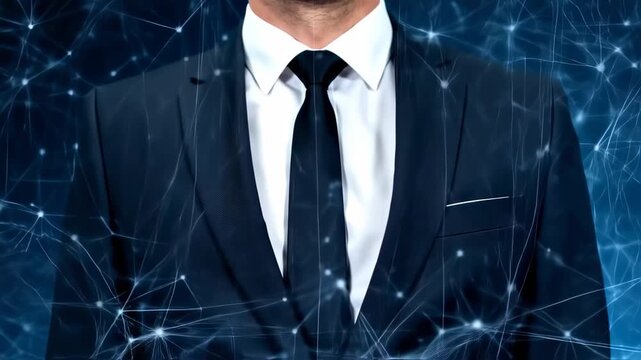 A man in a suit with network overlay. Formal attire with connection lines. Dark and futuristic