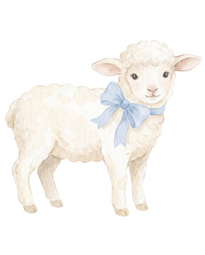 Cute Illustration of Baby Sheep with Blue Birthday Ribbon