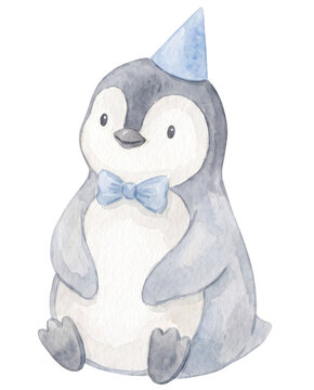 Cute Illustration of Baby Penguin with Blue Birthday Hat
