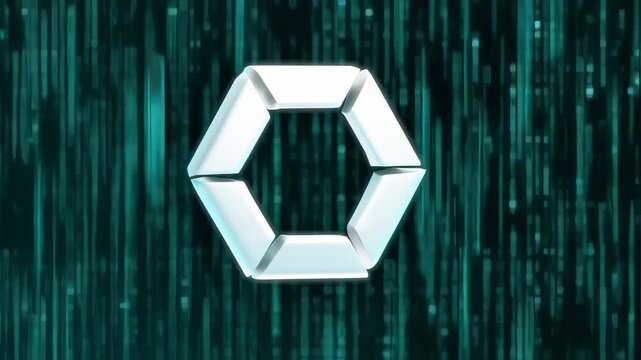A 3D, white, geometric honeycomb shape floats before a teal background with vertical lines