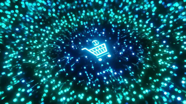 Glowing shopping cart symbol surrounded by abstract blue and green lights, futuristic design