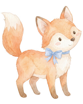 Cute Illustration of Baby Fox with Blue Birthday Ribbon