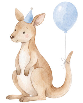 Cute Illustration of Baby Kangaroo with Blue Birthday Hat & Balloon