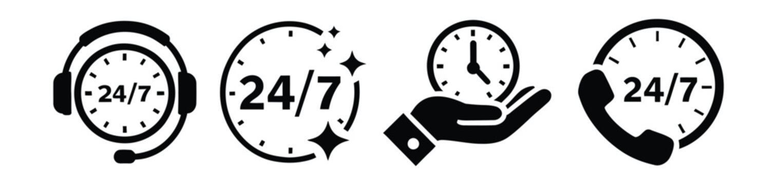 24 7 service icons featuring call support, customer assistance, and around the clock availability vector illustration