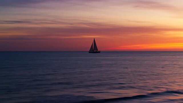 A solitary sailboat glides on calm waters as the sky blazes with a vibrant sunset