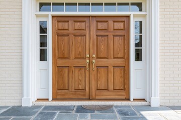 Obraz premium The Double Wooden Front Door: Classic Entrance Framed by Brick
