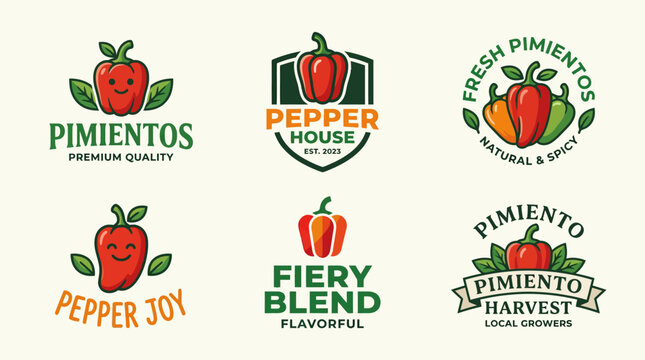 Vibrant Pimiento Pepper Logo Collection: Fresh, Spicy, Natural, Fiery Blend, Premium Quality, Pepper House, Harvest